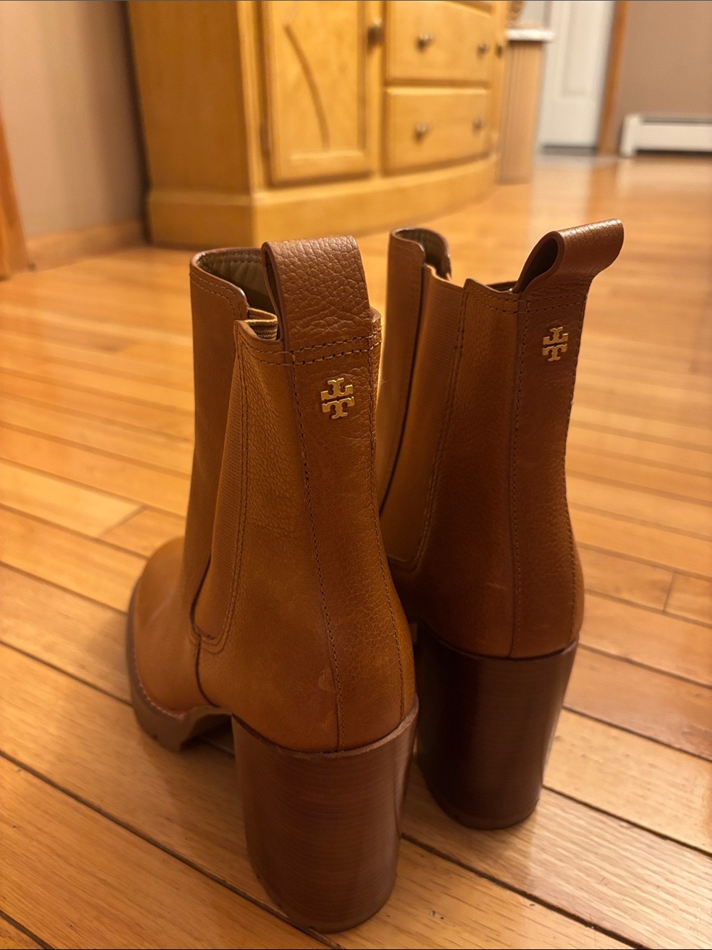 Tory Burch Cognac Brown Leather Chelsea Heeled Booties